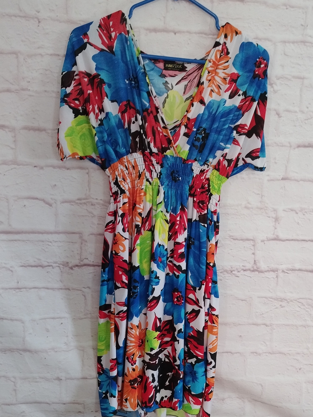 Paris Pink Vibrant Floral Midi Dress in Blue, Red, Orange & Green